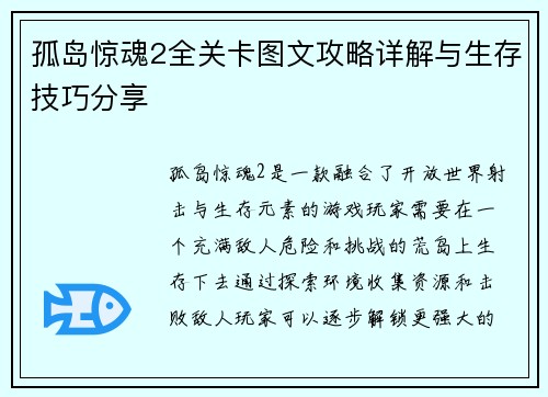 孤岛惊魂2全关卡图文攻略详解与生存技巧分享